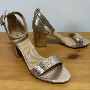 Chinese Laundry | Jelly Rhinestone Ankle Strap Block Heels | Gold Sparkle Party